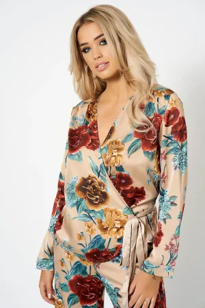 Beige Floral Wrap Tie Side Co-ord Blouse