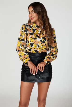 FS Collection Floral Print Long Sleeve High Neck Top In Yellow