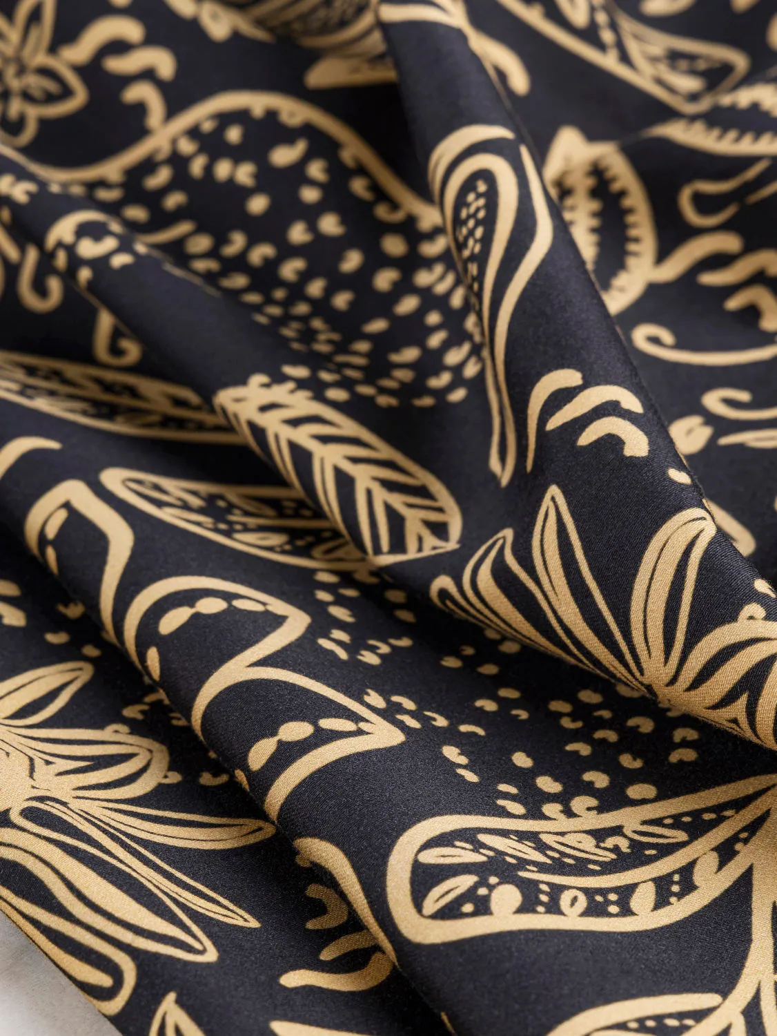 Illustrated Botanical Print Stretch Cotton Sateen - Black   Gold - Swatch