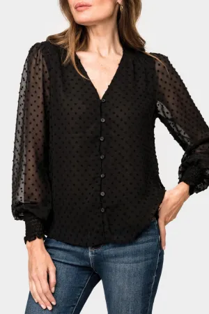 Pin Dot Smocked Detail V-Neck Blouse