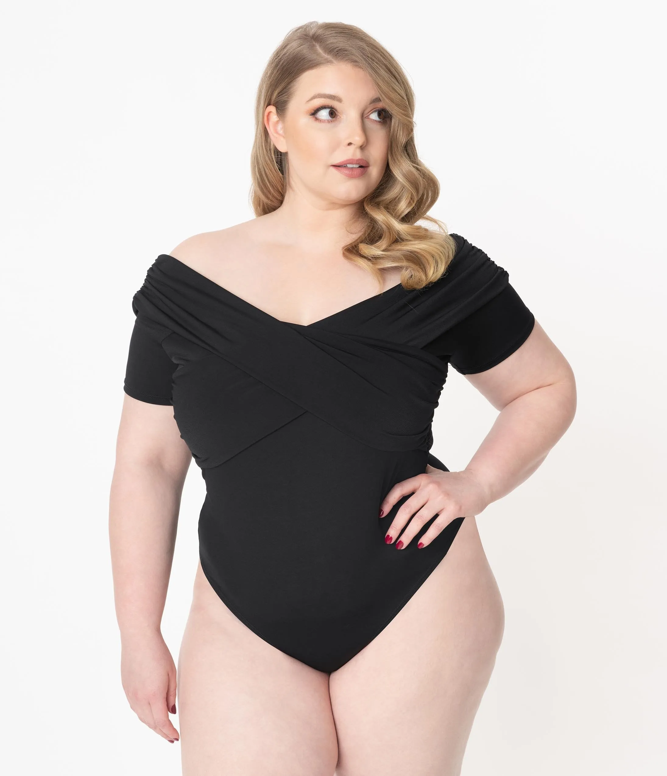 Plus Size Black Off Shoulder Short Sleeve Bodysuit