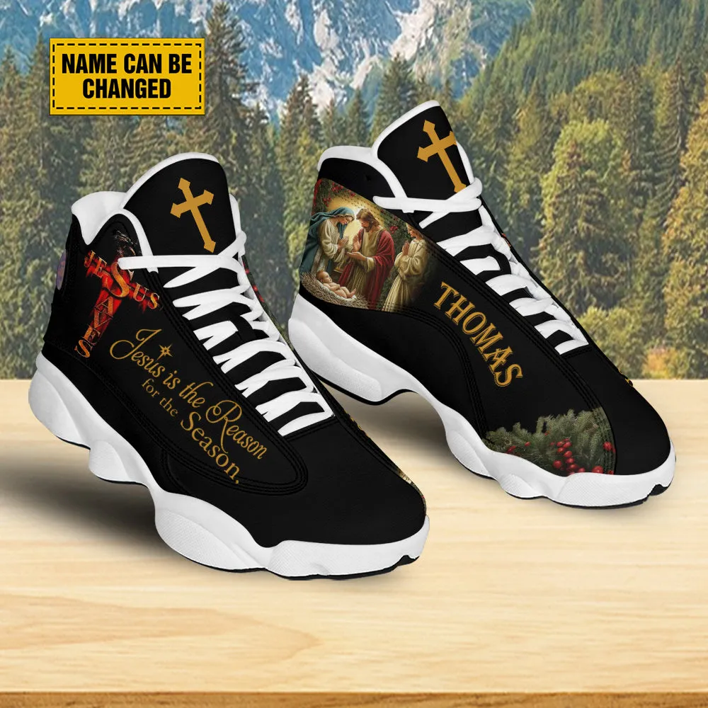 Teesdily | Customized Jesus Is The Reason For The Season Basketball Shoes, Jesus Nativity Christmas Running Shoes, Christmas Gift