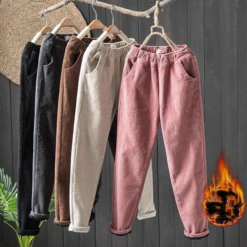 Women's Retro Fleece Lined Warm and Thick Corduroy Pants